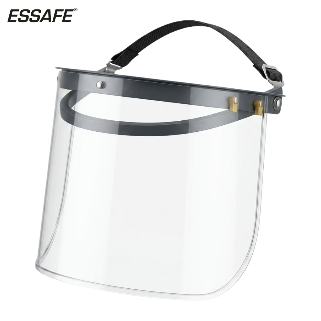 ESSAFE face shield with clear curved visor, gray headband, and adjustable black strap.