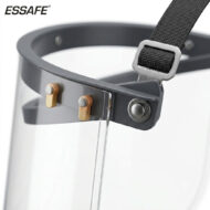 Close-up of a gray adjustable face shield headband with a clear visor and black strap. ESSAFE brand visible in corner.