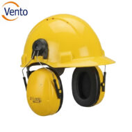 Yellow safety hard hat with integrated earmuffs for hearing protection; Vento logo visible top-left.
