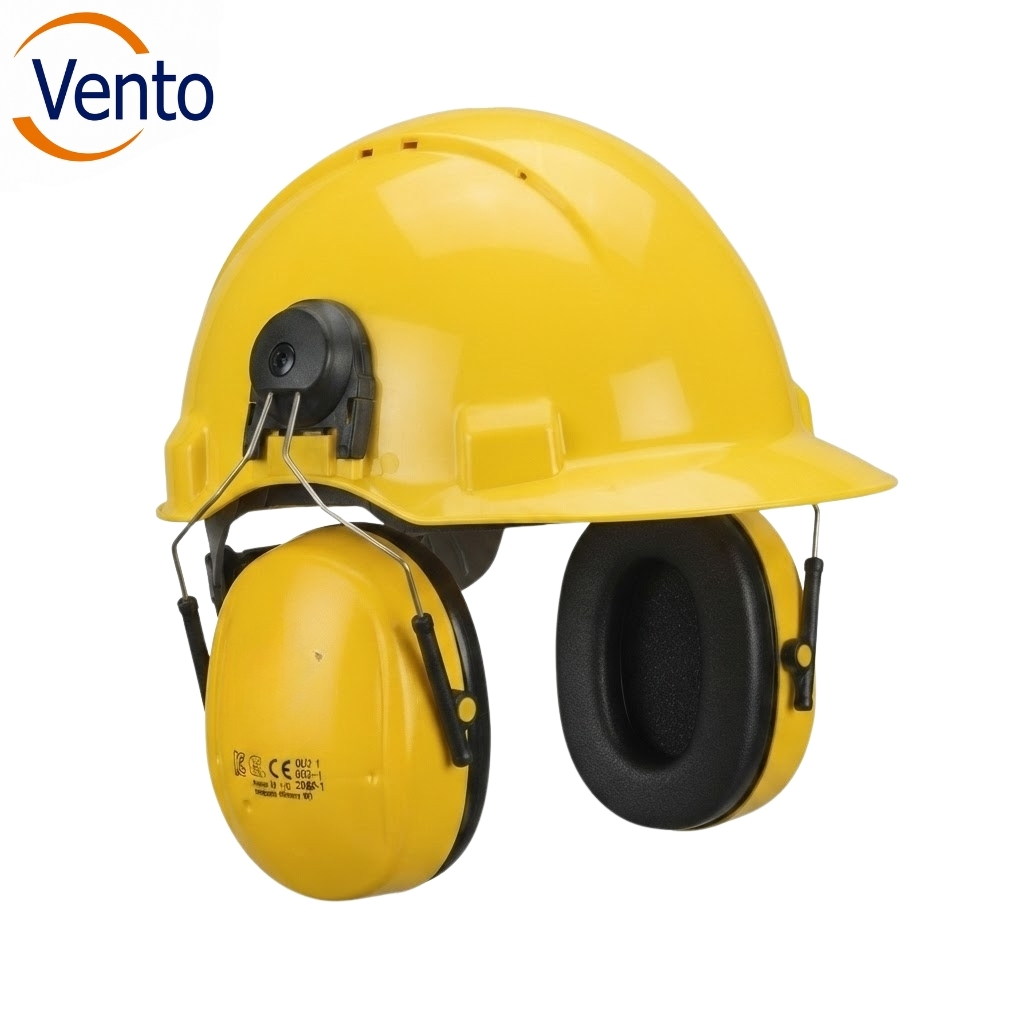 Yellow safety hard hat with integrated earmuffs for hearing protection; Vento logo visible top-left.