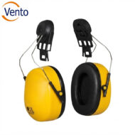 Yellow over-ear hearing protection earmuffs with black inner padding and metal headband; Vento logo in the corner signify product branding