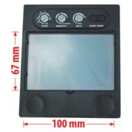 Black plastic control panel with a screen and three labeled knobs (Shade, Sensitivity, Delay) plus red dimension arrows showing 100 mm wide and 67 mm tall