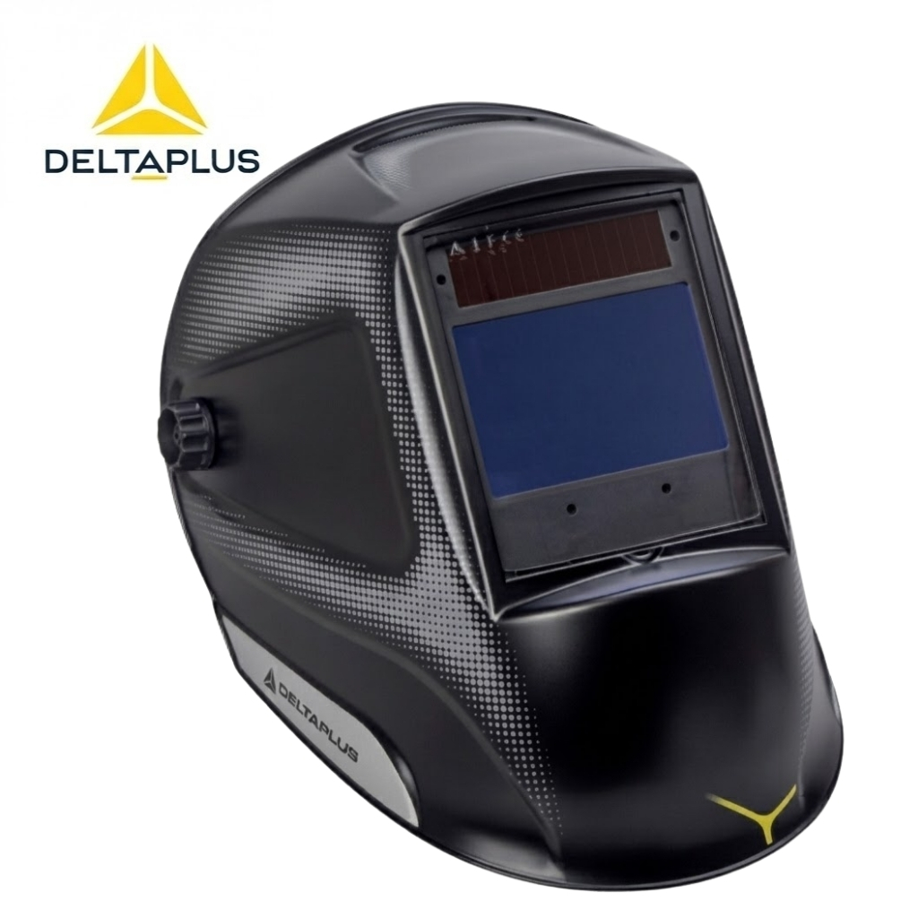 DeltaPlus welding helmet with auto-darkening shield, black with dotted design and yellow accents (product image)