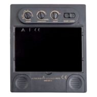 Dark handheld monitor with a large central screen and four top knobs labeled Shade, Sensitivity, Delay, and Shade Range; two vented pads at the base corners].