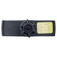 Black rectangular device with a circular central connector and a yellow warning label on the right side.