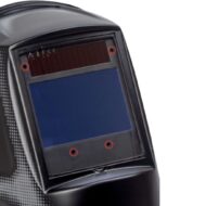 Welding helmet with dark face shield and visible fasteners circled in red