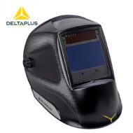 Auto-darkening welding helmet by DeltaPlus, black with a dotted pattern and a blue viewing screen
