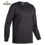 Front view of a dark gray long-sleeve crewneck shirt, with Staris Workwear logo in the top-left corner.