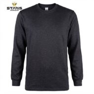 Dark heather gray long-sleeve crewneck T-shirt with a Staris Workwear logo in the top-left corner