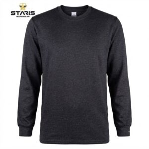 Dark heather gray long-sleeve crewneck T-shirt with a Staris Workwear logo in the top-left corner