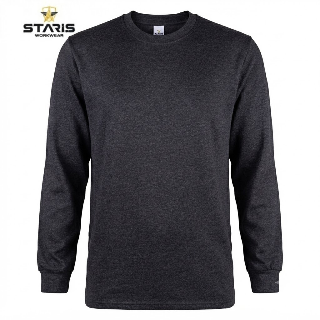 Dark heather gray long-sleeve crewneck T-shirt with a Staris Workwear logo in the top-left corner