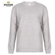 Grey heather long-sleeve crewneck sweatshirt with Staris Workwear logo in the top-left corner.