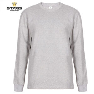 Grey heather long-sleeve crewneck sweatshirt with Staris Workwear logo in the top-left corner.