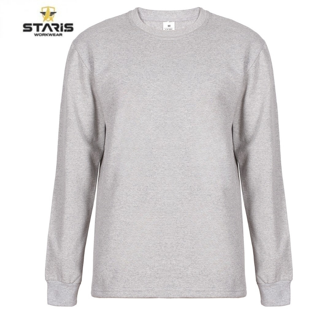 Grey heather long-sleeve crewneck sweatshirt with Staris Workwear logo in the top-left corner.