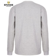 Gray long-sleeve sweatshirt viewed from the back, plain heather knit, Staris Workwear logo visible in the top-left corner