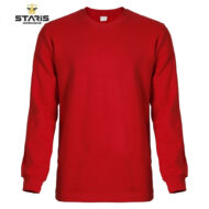 Red long-sleeve crewneck shirt with a plain front; Staris Workwear logo appears in the top-left corner