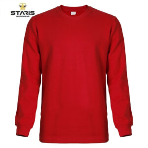 Red long-sleeve crewneck shirt with a plain front; Staris Workwear logo appears in the top-left corner