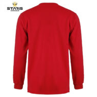 Back view of a plain red long-sleeve shirt with a crew neck; Staris Workwear logo in the top-left corner.