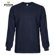 Navy long-sleeve crew-neck shirt, plain front, with Staris Workwear logo in the top-left corner.
