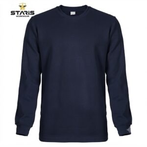 Navy long-sleeve crew-neck shirt, plain front, with Staris Workwear logo in the top-left corner.