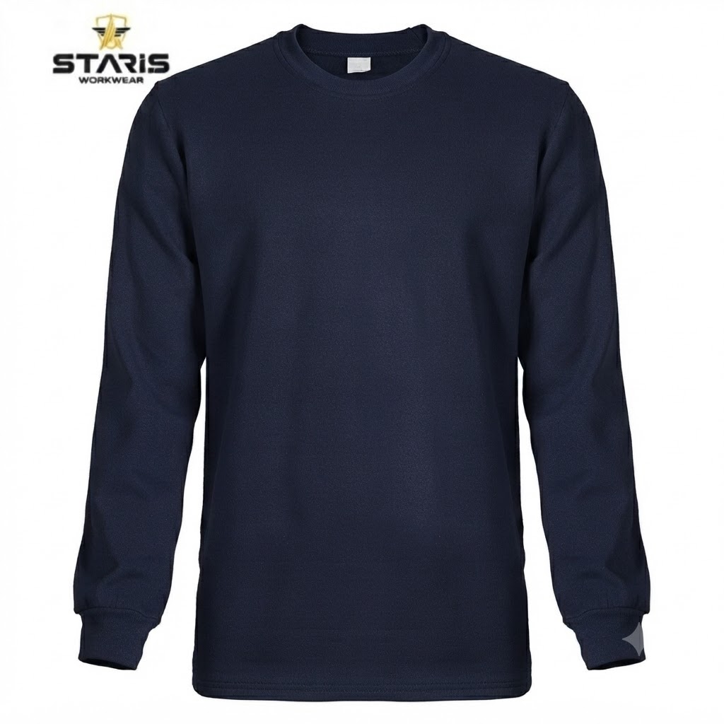 Navy long-sleeve crew-neck shirt, plain front, with Staris Workwear logo in the top-left corner.