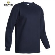 Navy blue long-sleeve crewneck shirt with a plain design; Staris Workwear logo appears in the top-left corner.