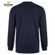 Back view of a navy long-sleeve sweatshirt with ribbed cuffs and hem; Staris Workwear logo in the top-left corner.