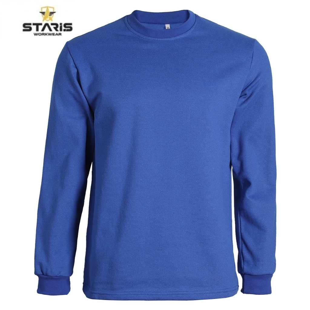 Blue long-sleeve crewneck shirt with ribbed cuffs and a plain design, Stars Workwear branding visible in the top-left corner.