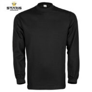Black long-sleeve crewneck work shirt with minimal design and Staris Workwear branding in the top-left corner