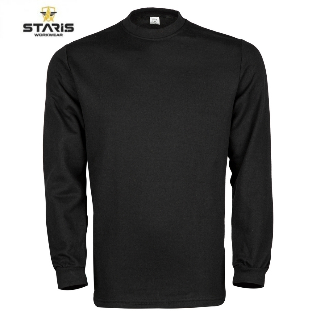 Black long-sleeve crewneck work shirt with minimal design and Staris Workwear branding in the top-left corner