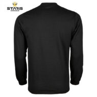 Back view of a plain black long-sleeve shirt with a Staris Workwear logo in the upper left corner.