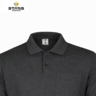 Charcoal polo shirt with collar and chest pocket, shown from chest up; Staris Workwear logo in the top-left corner