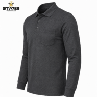 Charcoal long-sleeve polo shirt with a front chest pocket; Staris Workwear logo appears in the top-left corner of the image.