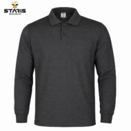 Dark gray long-sleeve polo shirt with a front chest pocket on a white background; Staris Workwear logo in the top-left corner.