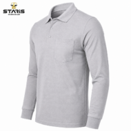 Gray long-sleeve polo shirt with chest pocket against a white background, Staris Workwear logo in the top-left corner