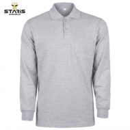 Gray long-sleeve polo shirt with a front chest pocket, no visible branding on the shirt itself; Staris Workwear logo appears in the top-left corner of the image.