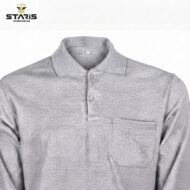 Gray polo shirt with a collar and chest pocket; Staris Workwear logo in the top-left corner.