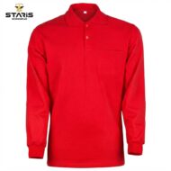 Red long-sleeve polo shirt with collar and left chest pocket, brand logo 'Staris Workwear' visible in corner.