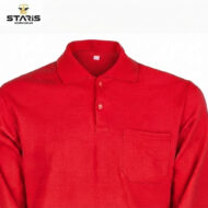 Red polo shirt with a collar, two-button placket, and a chest pocket shown against a white background; Staris Workwear logo in the top-left corner.
