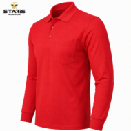 Red long-sleeve polo shirt with a front chest pocket, Staris Workwear branding visible in the top-left corner.