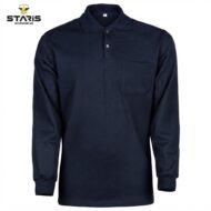 Navy long-sleeve polo shirt with collar and chest pocket, front view; Staris Workwear logo in the corner.