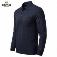 Navy blue long-sleeve polo shirt with collar and chest pocket on a white background, Staris Workwear product photo.