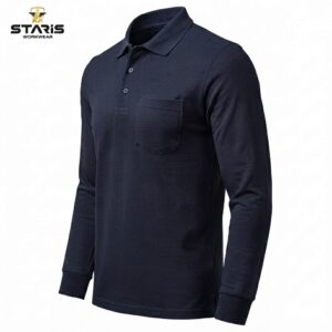 Navy blue long-sleeve polo shirt with collar and chest pocket on a white background, Staris Workwear product photo.