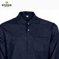 Navy polo shirt with collar, button placket, and chest pocket; Staris Workwear logo in the top-left corner.
