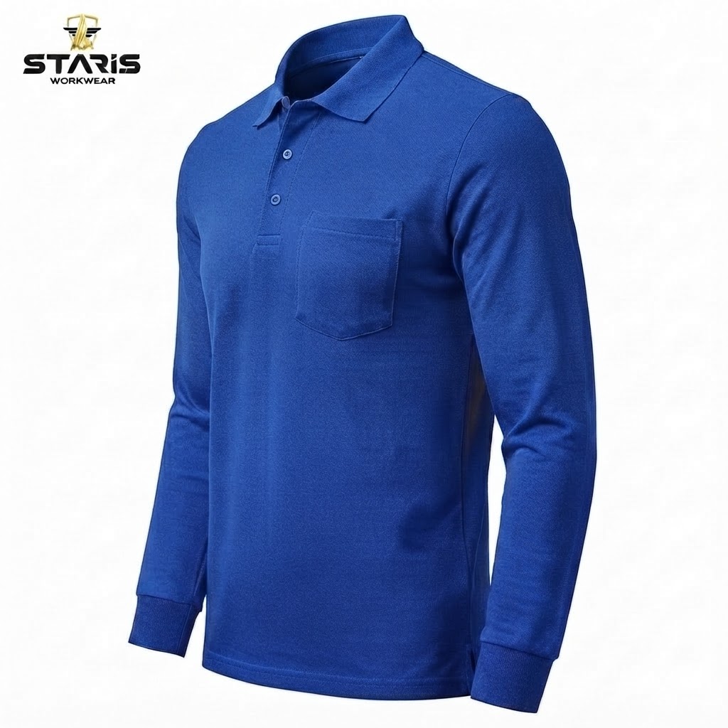Blue long-sleeve polo shirt with a chest pocket, collar, and button placket; Staris Workwear logo visible in the top-left.
