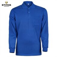 Blue long-sleeve polo shirt with a chest pocket on a white background; Staris Workwear logo in the top-left corner