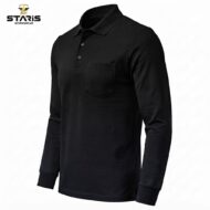 Black long-sleeve polo shirt with a chest pocket and ribbed cuffs; Stars Workwear logo is in the top-left corner (product image).