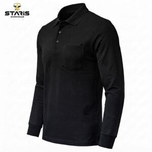 Black long-sleeve polo shirt with a chest pocket and ribbed cuffs; Stars Workwear logo is in the top-left corner (product image).