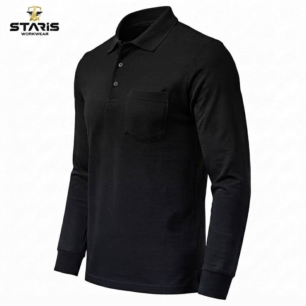 Black long-sleeve polo shirt with a chest pocket and ribbed cuffs; Stars Workwear logo is in the top-left corner (product image).