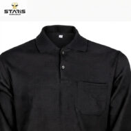 Black polo shirt with collar, two-button placket, and left chest pocket on display; Staris Workwear logo visible in the corner.